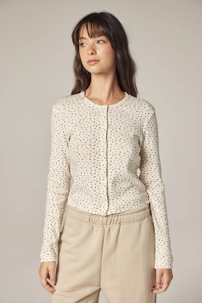 Romantic Button-down short cardigan: Cream/Navy / Floral