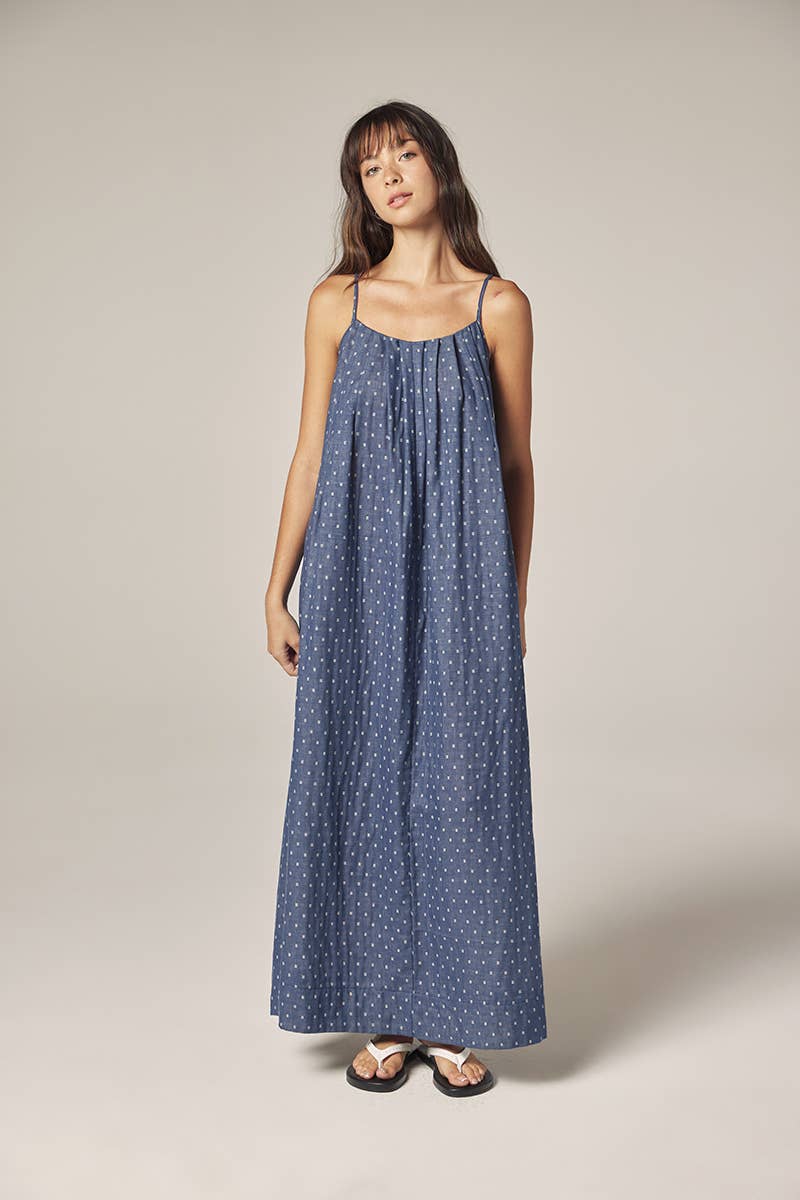 Tie back ankle dress: Denim / Polka Dots