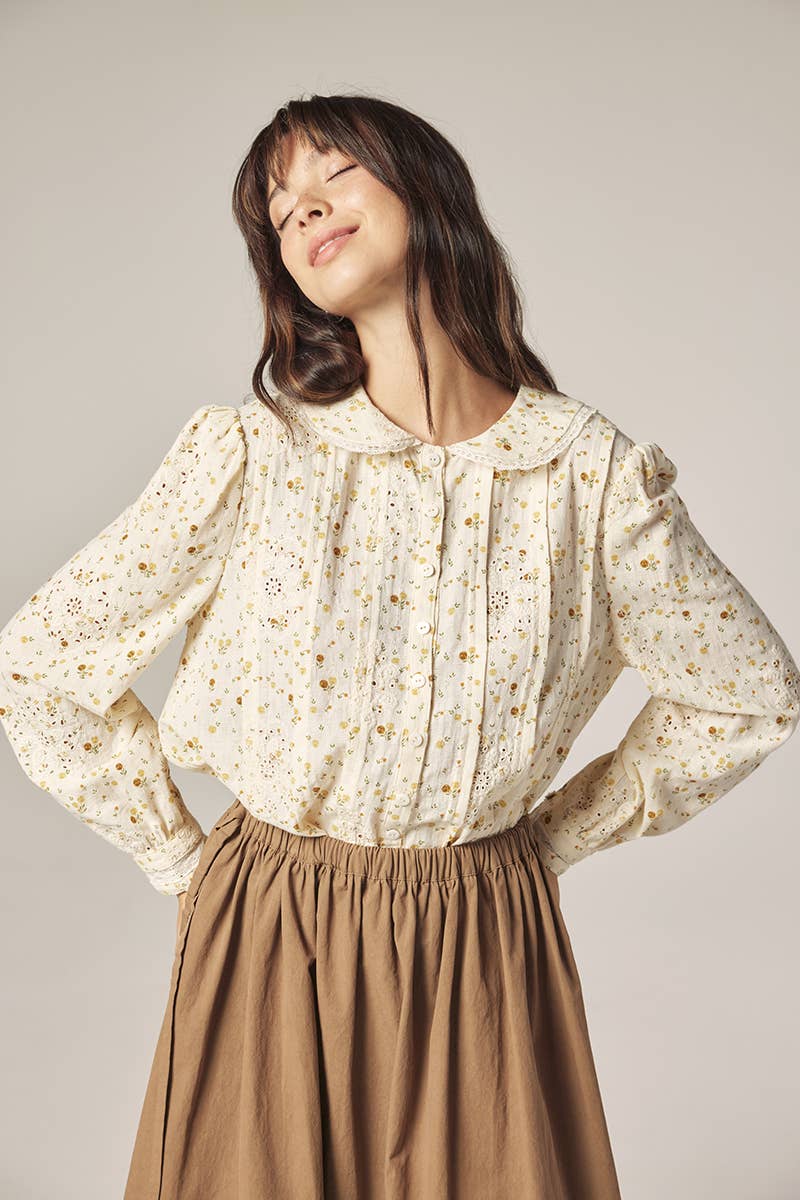 Romantic Peter pan collar shirts: Cream/Yellow / Floral