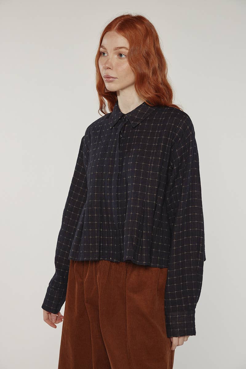 Cotton pleated blouse: Black / Plaid