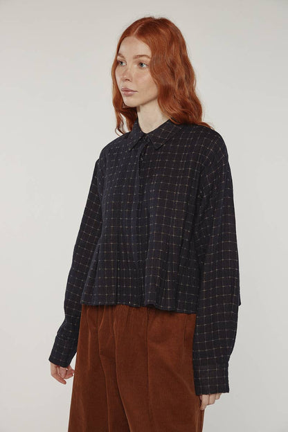 Cotton pleated blouse: Black / Plaid