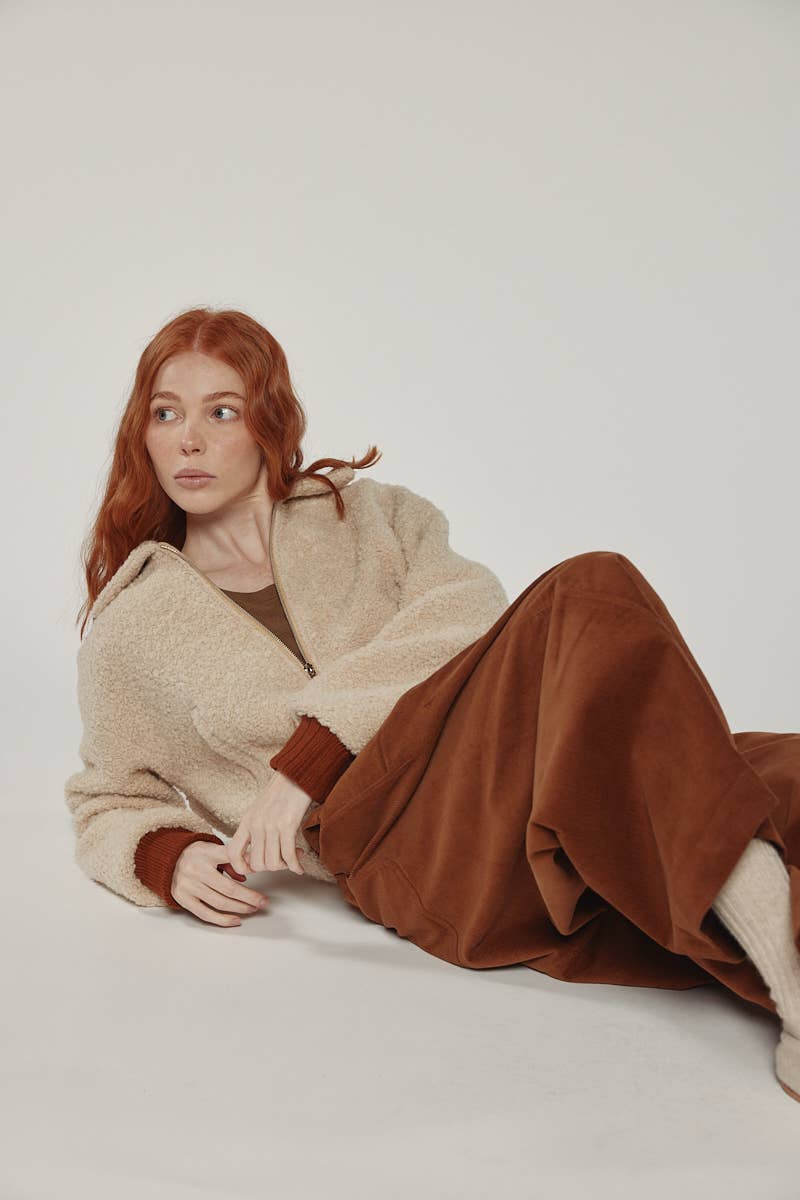 Wool blend ribbed short bomber jacket: Oatmeal / Solid