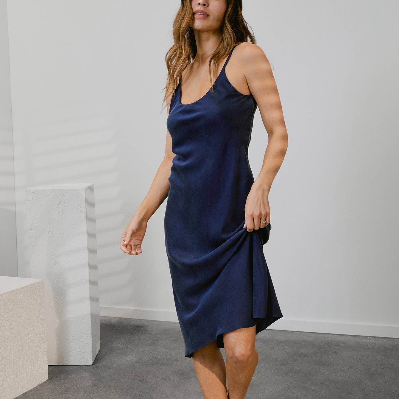 Lunya Washable Silk Bias Slip Dress: Deep Blue / M
