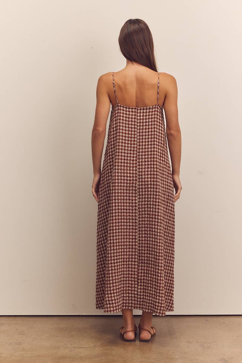 Front shirring gingham cami dress: Brick / Checkered