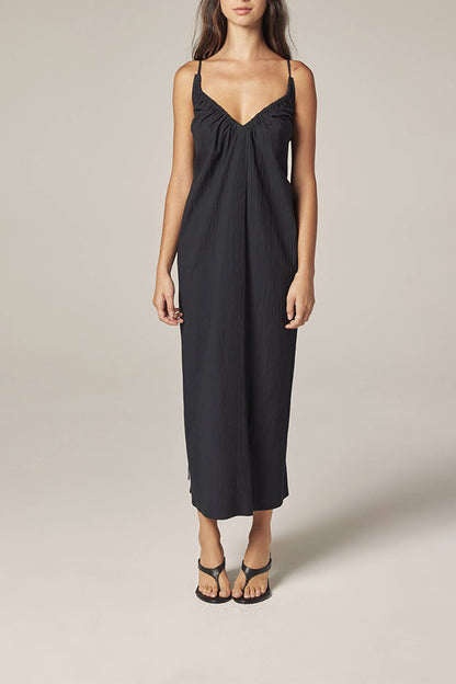Front Shirring Dress: Midnight / Solid