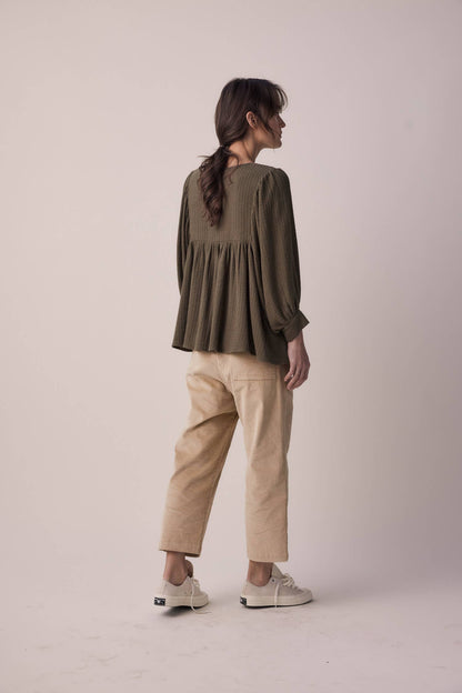 Cropped corduroy baggy pants: Dark beige / 97% Cotton 3% Spandex