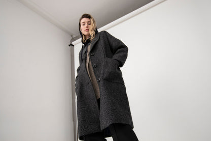 The New Coat in Magee’s Donegal bold herringbone heavy weight 100% wool, NAVY