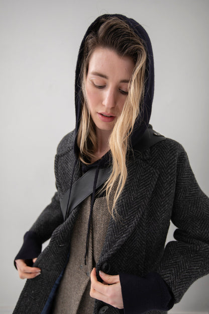 The New Coat in Magee’s Donegal bold herringbone heavy weight 100% wool, NAVY