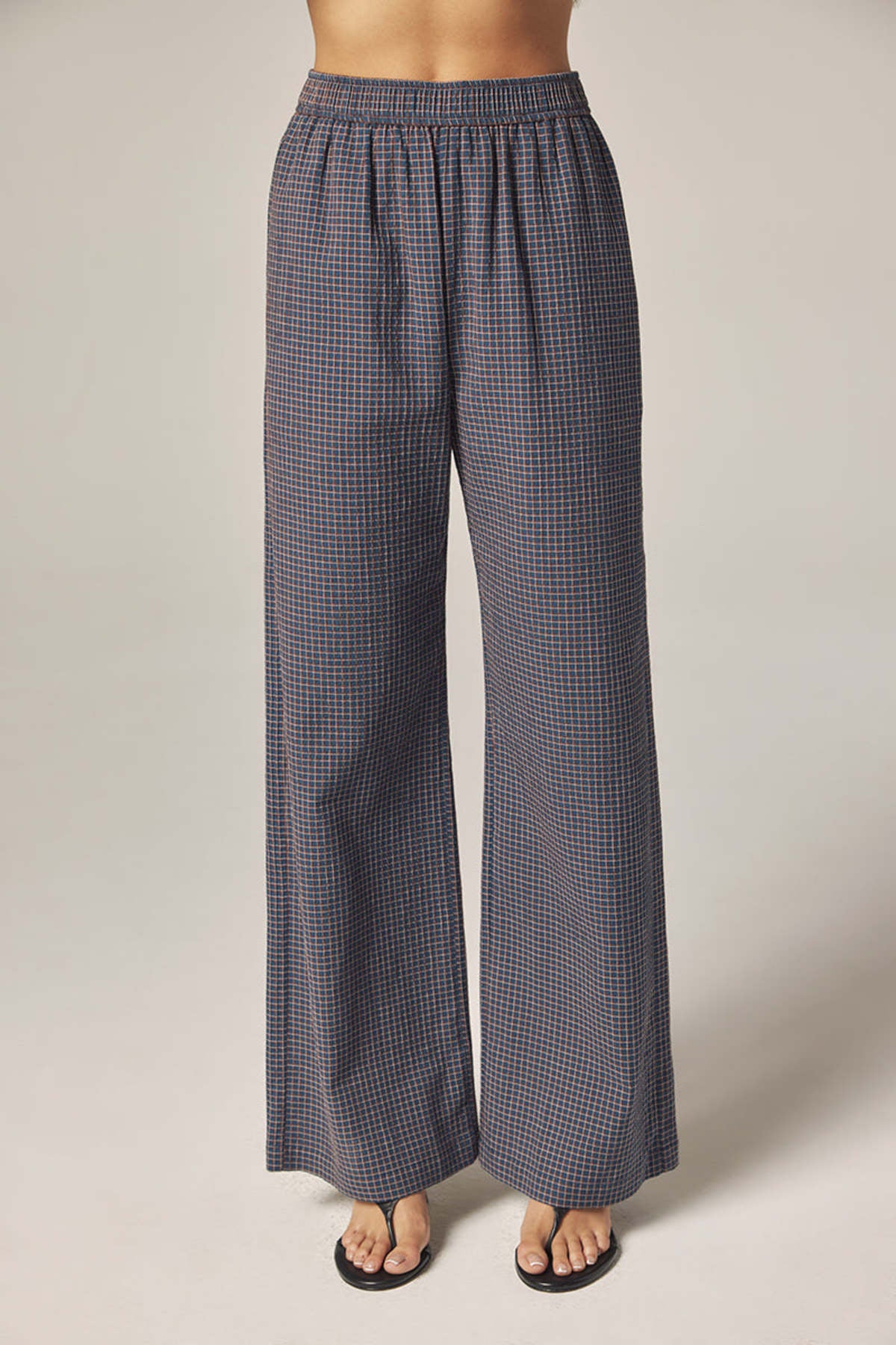 Micro Check Elastic Waist Palazzo Pants