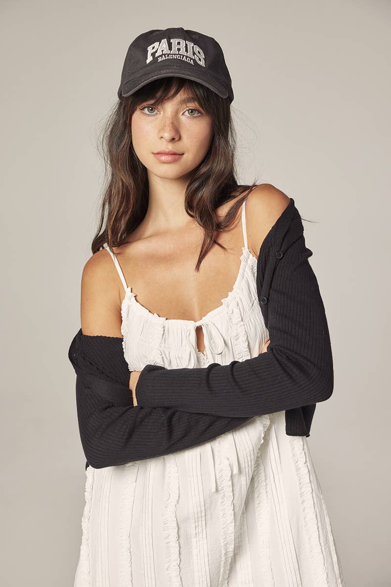 V-neck cotton line rib cardigan: Black / Solid