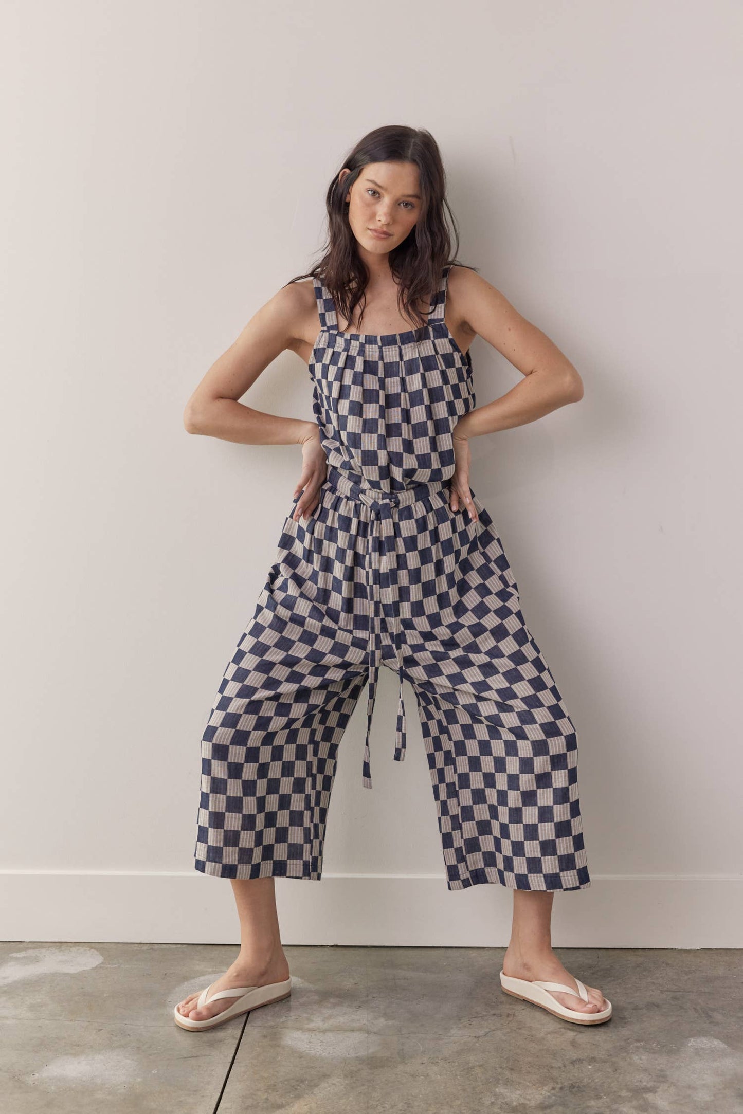 Front tie cotton wide pants: Blue/Taupe / Checkered