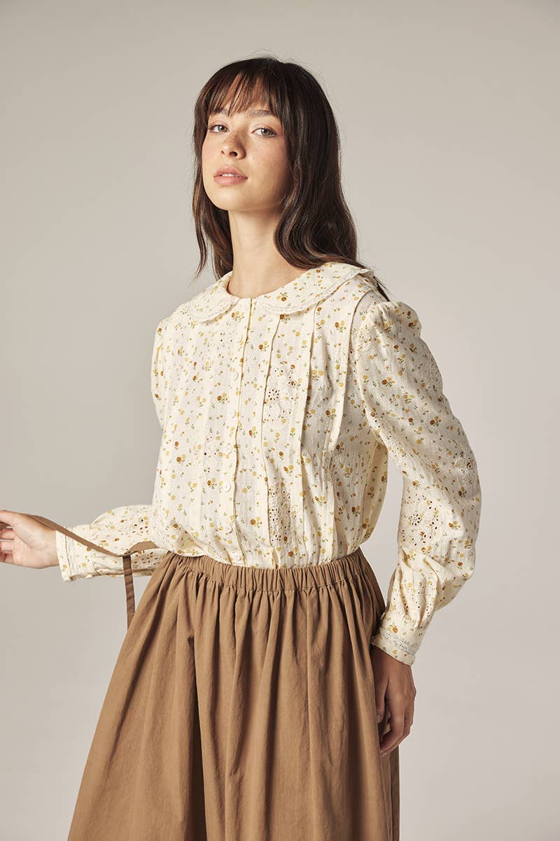 Romantic Peter pan collar shirts: Cream/Yellow / Floral