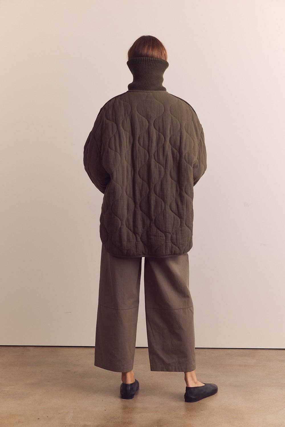 High neck rib collar cotton quilt jacket: Pine / Solid / XS/S