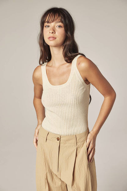 Cotton linen blend rib cami: Cream / Solid