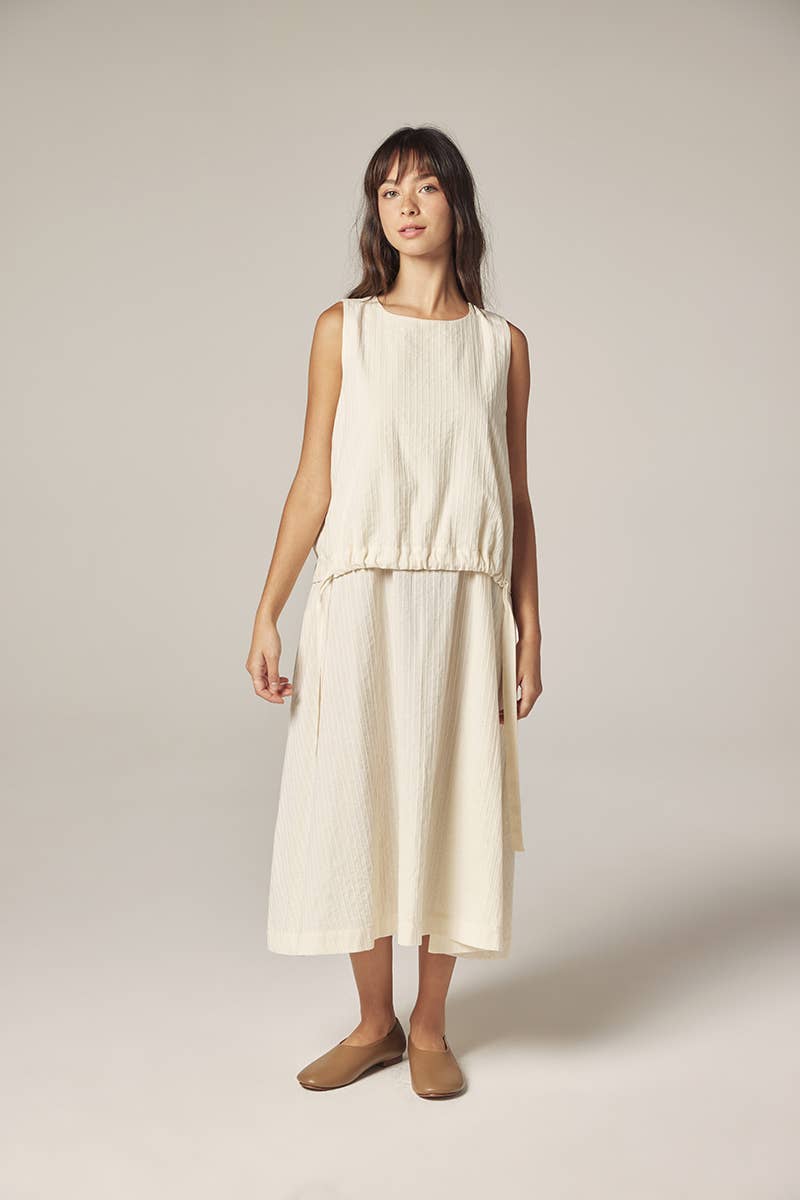 Waist tie midi dress: Ecro / Solid
