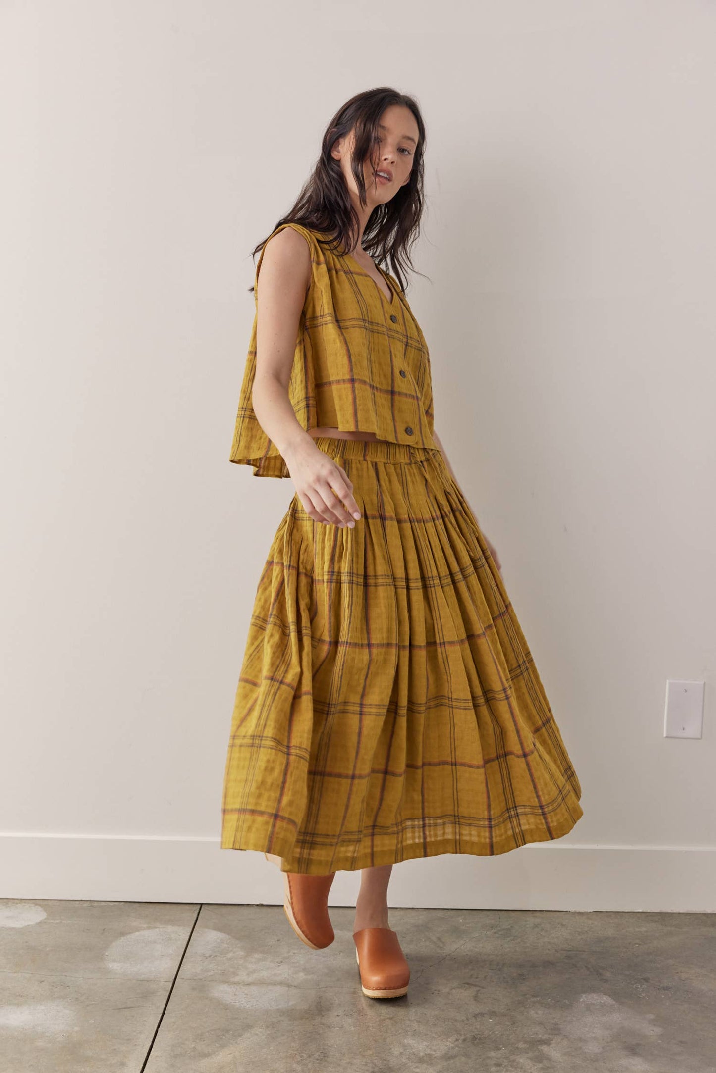 Drawstring cotton plaid skirts: Mustard Plaid / Plaid