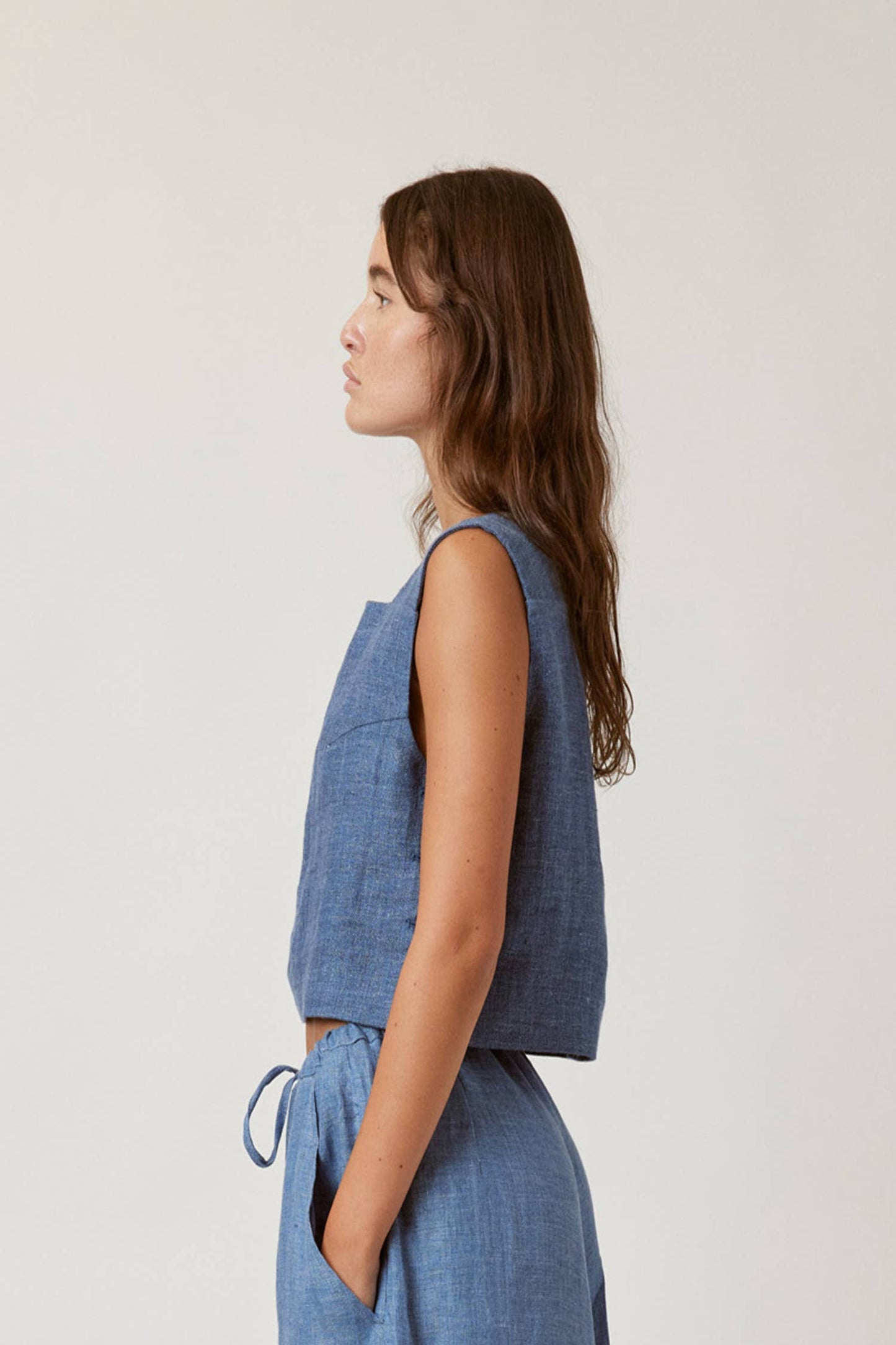 Boxed linen crop top / Denim blue / 100% Linen