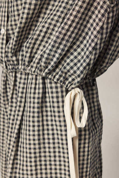 Gingham Drop Sleeve Button Down Top: Black/Natural / Checkered