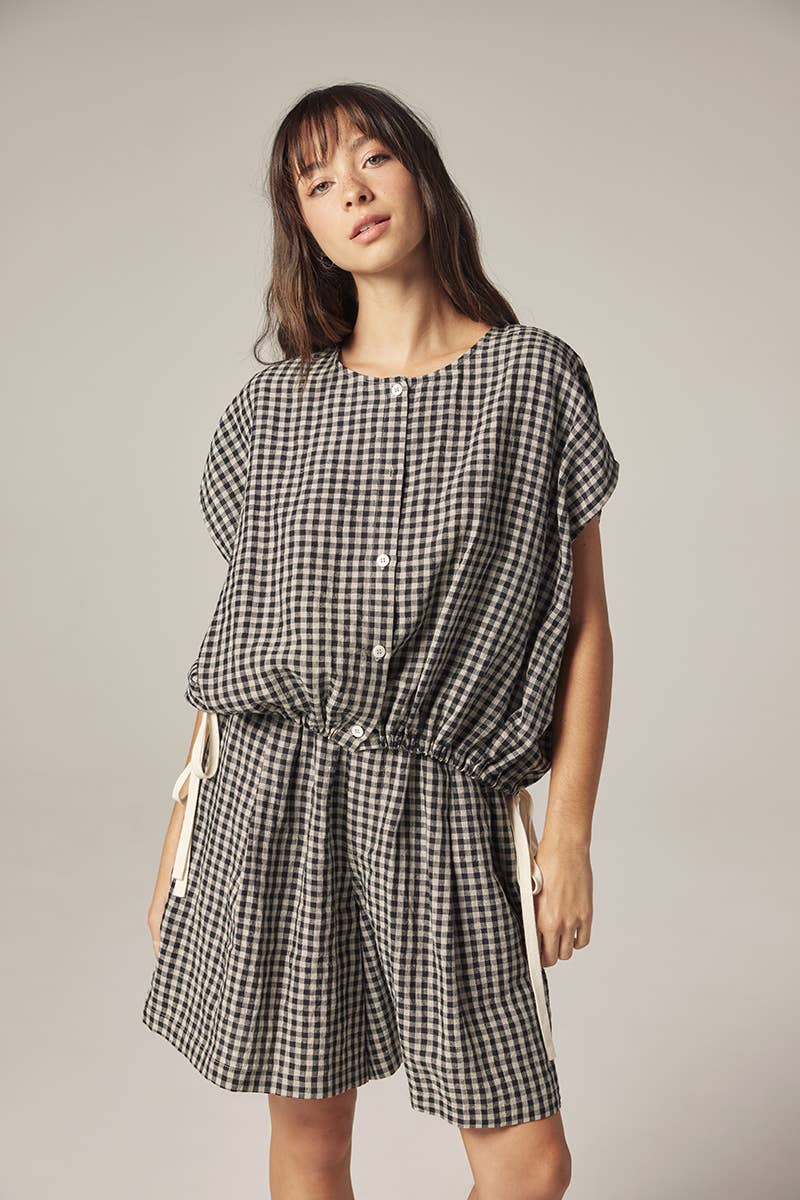 Gingham Drop Sleeve Button Down Top: Black/Natural / Checkered