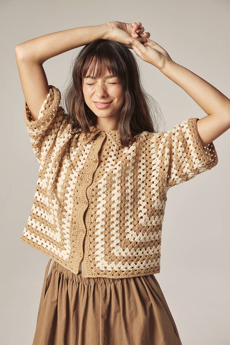 Hand knit crochet shirts: Khaki/Tan / Striped