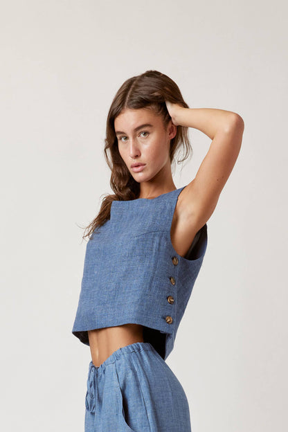 Boxed linen crop top / Denim blue / 100% Linen