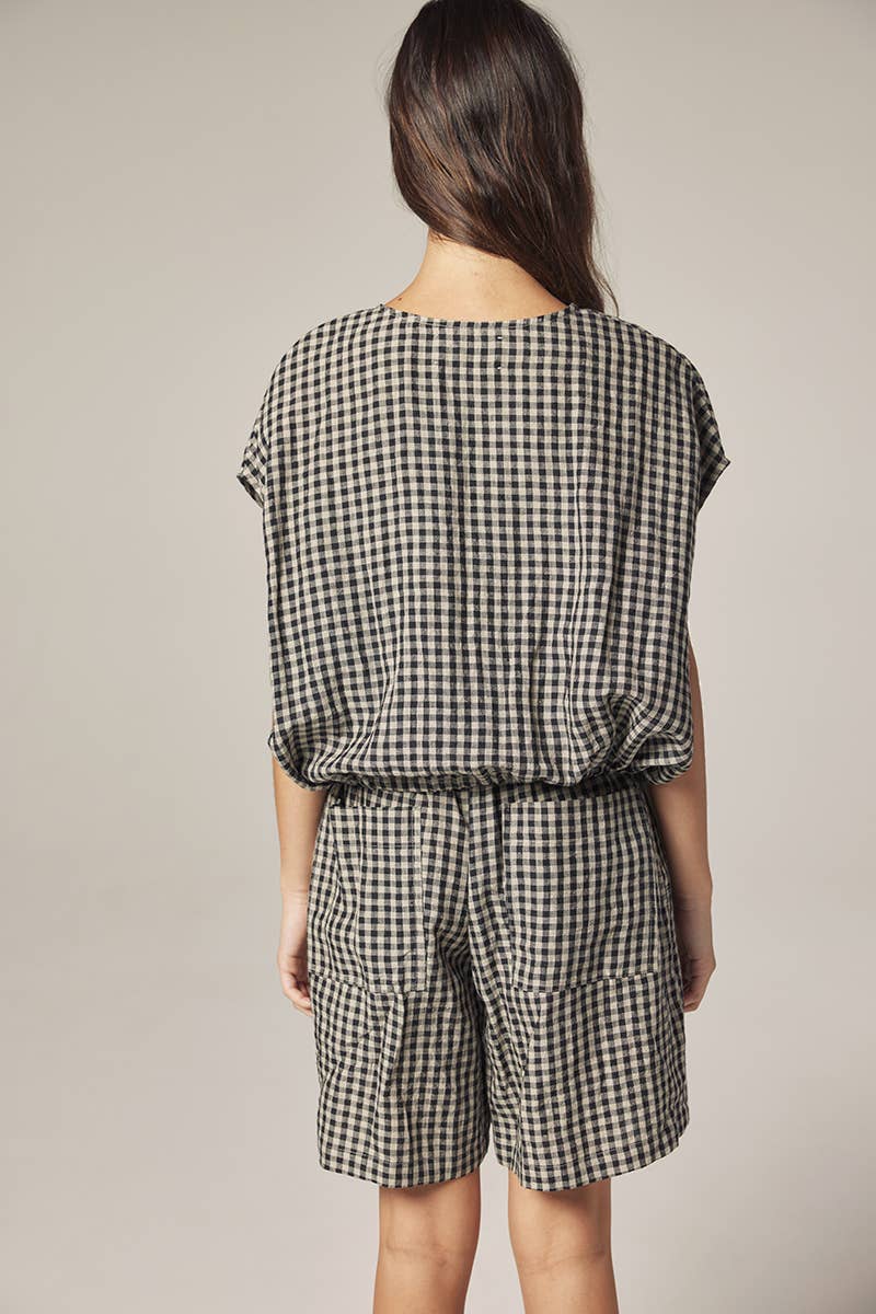 Gingham Drop Sleeve Button Down Top: Black/Natural / Checkered