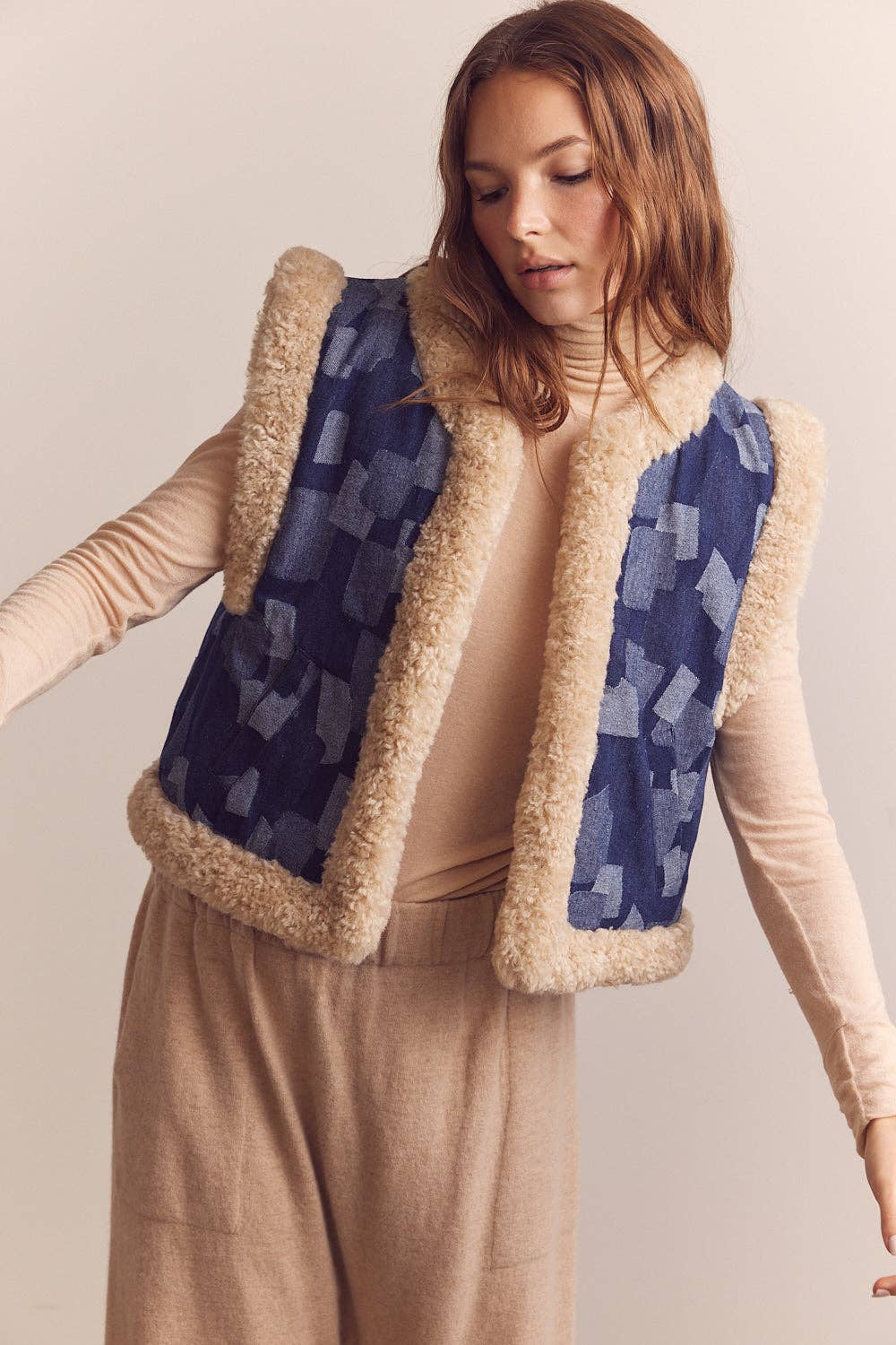 Shepherd-lined patched  denim vest: Patched denim / Patchwork / M/L