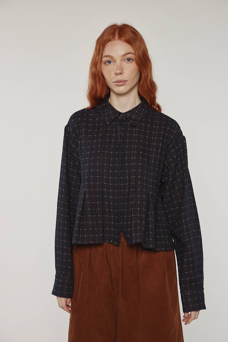 Cotton pleated blouse: Black / Plaid