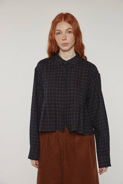 Cotton pleated blouse: Black / Plaid