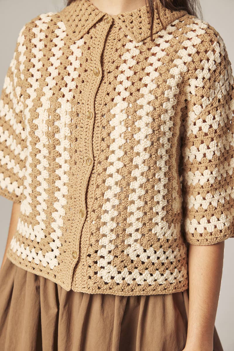 Hand knit crochet shirts: Khaki/Tan / Striped