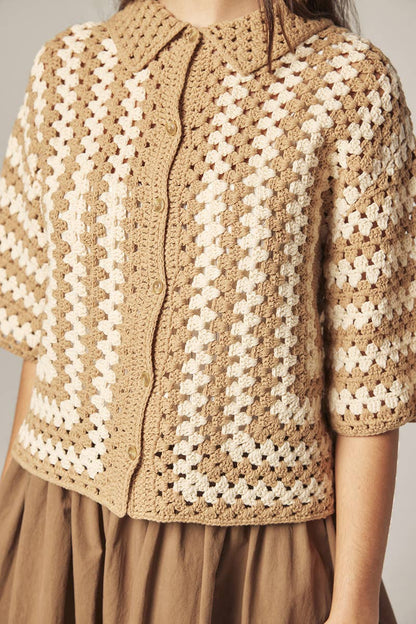 Hand knit crochet shirts: Khaki/Tan / Striped