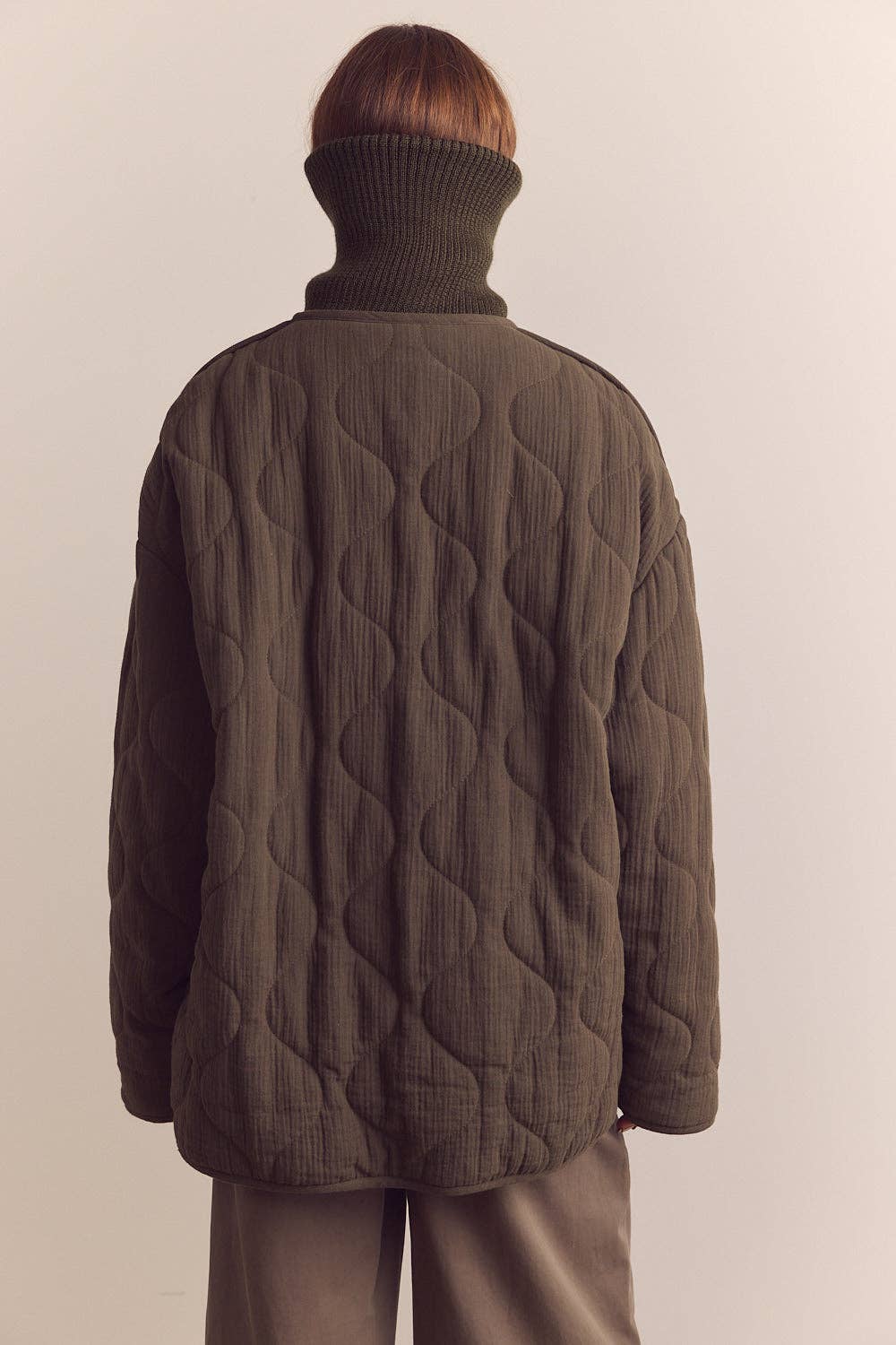 High neck rib collar cotton quilt jacket: Pine / Solid / M/L