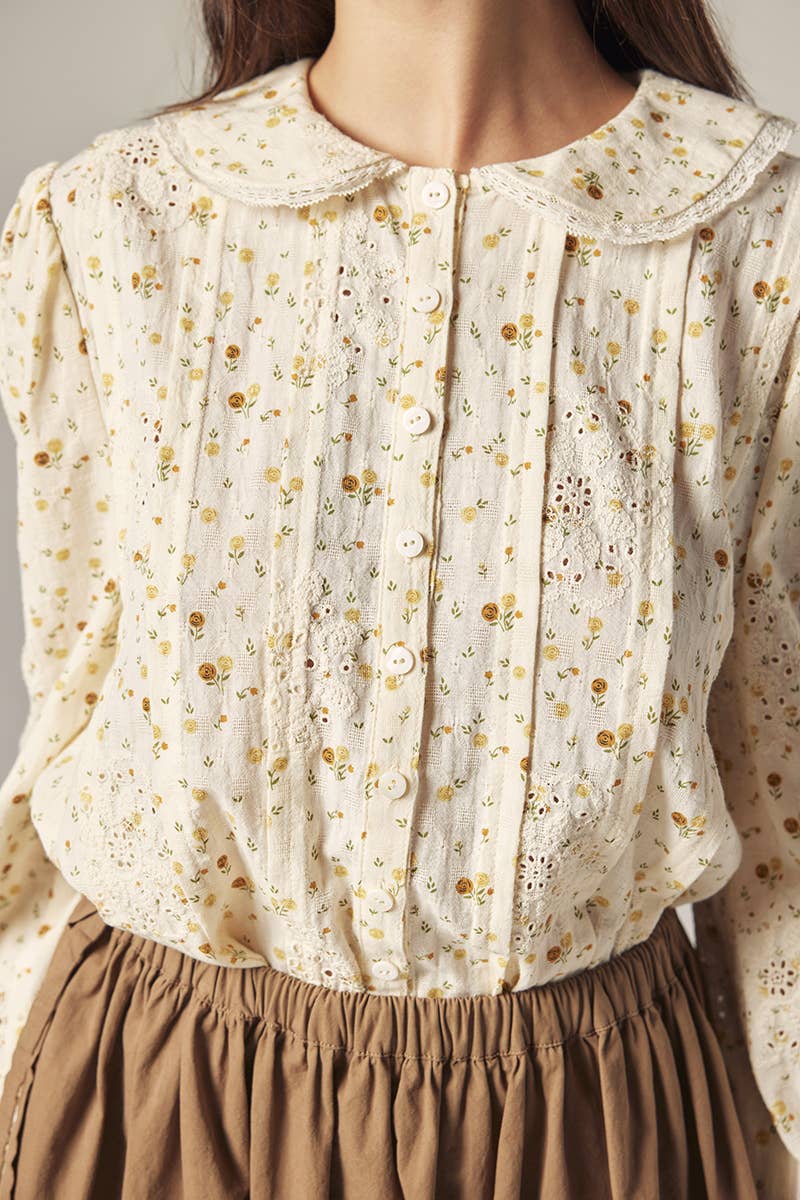 Romantic Peter pan collar shirts: Cream/Yellow / Floral