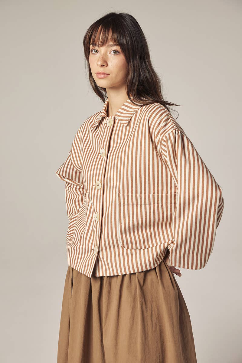 Stripe button down jacket: Brown/Cream / Striped