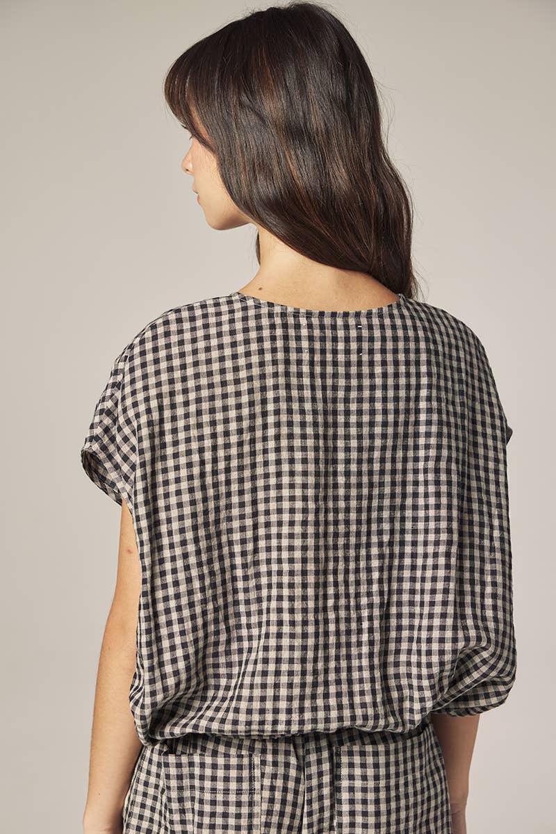 Gingham Drop Sleeve Button Down Top: Black/Natural / Checkered