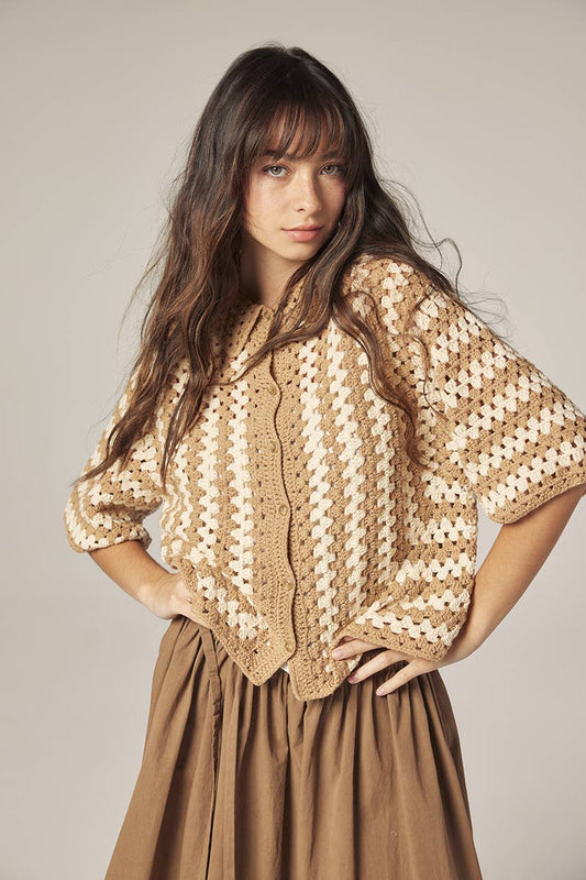 Hand knit crochet shirts: Khaki/Tan / Striped