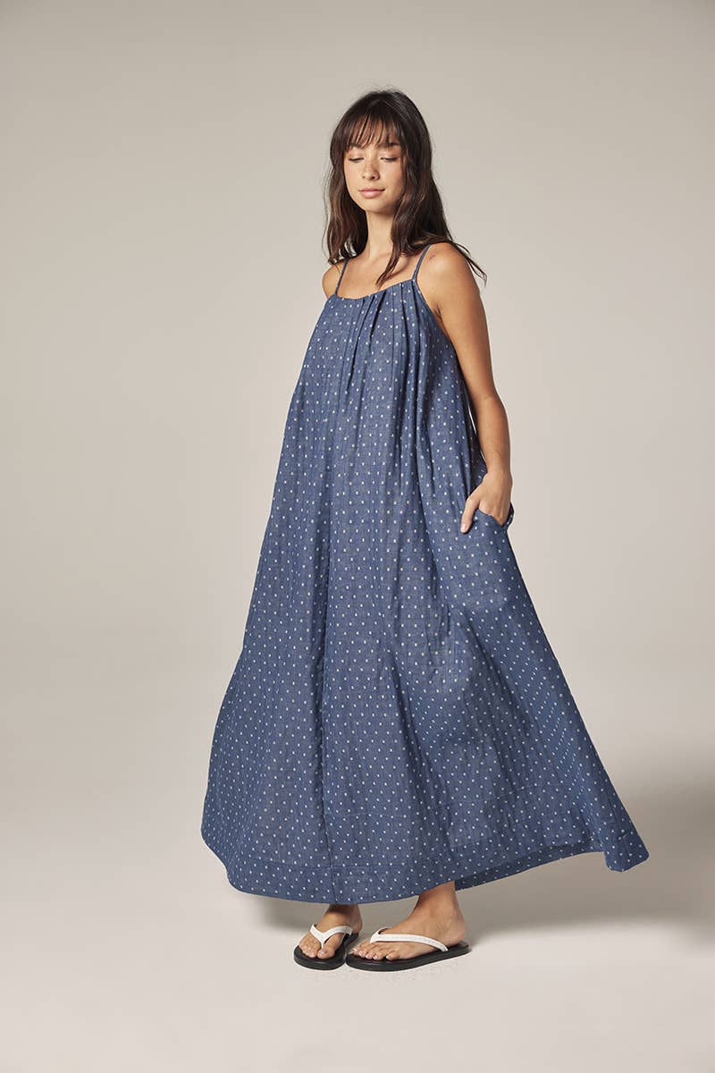 Tie back ankle dress: Denim / Polka Dots
