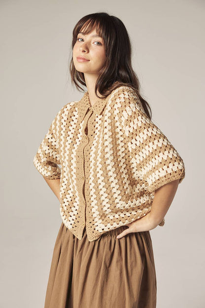 Hand knit crochet shirts: Khaki/Tan / Striped