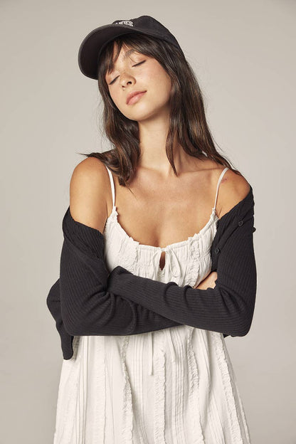 V-neck cotton line rib cardigan: Black / Solid