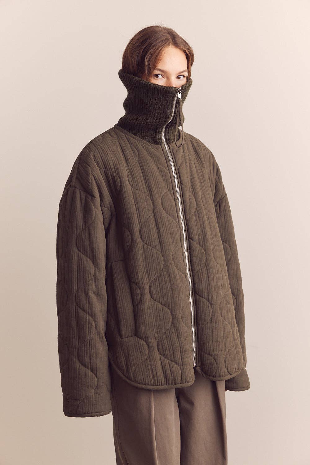 High neck rib collar cotton quilt jacket: Pine / Solid / XS/S