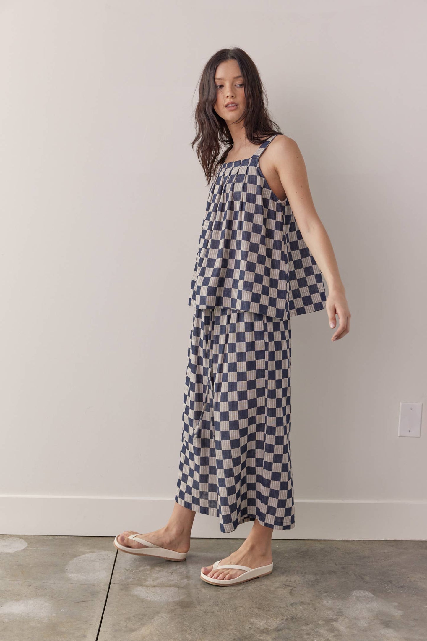 Front tie cotton wide pants: Blue/Taupe / Checkered