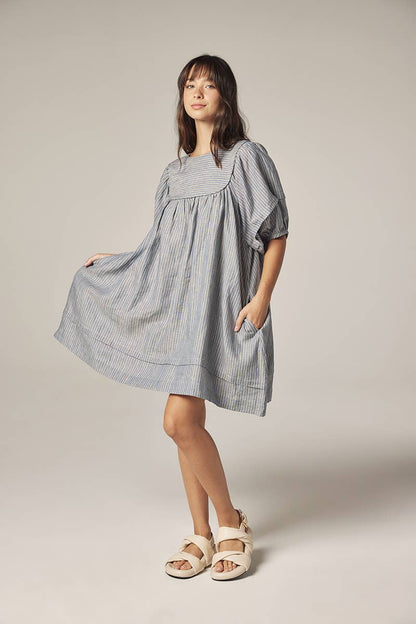 Yoke stripe dress: Lt Denim / Striped