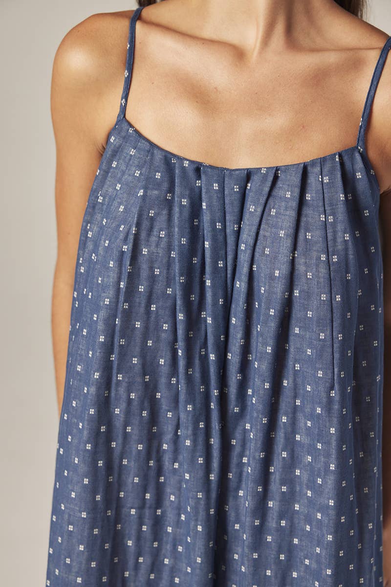 Tie back ankle dress: Denim / Polka Dots