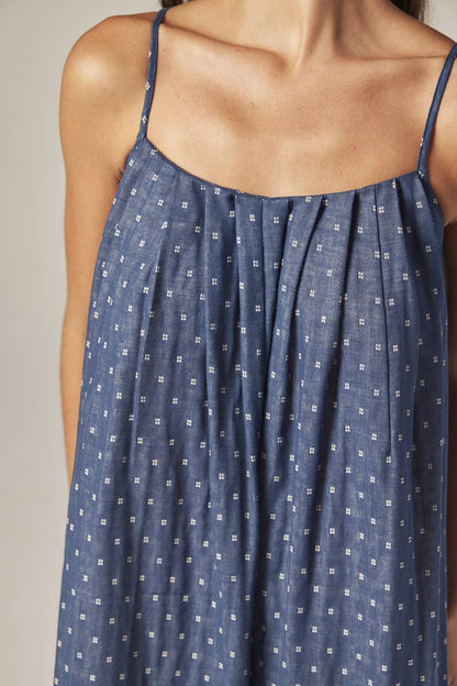 Tie back ankle dress: Denim / Polka Dots