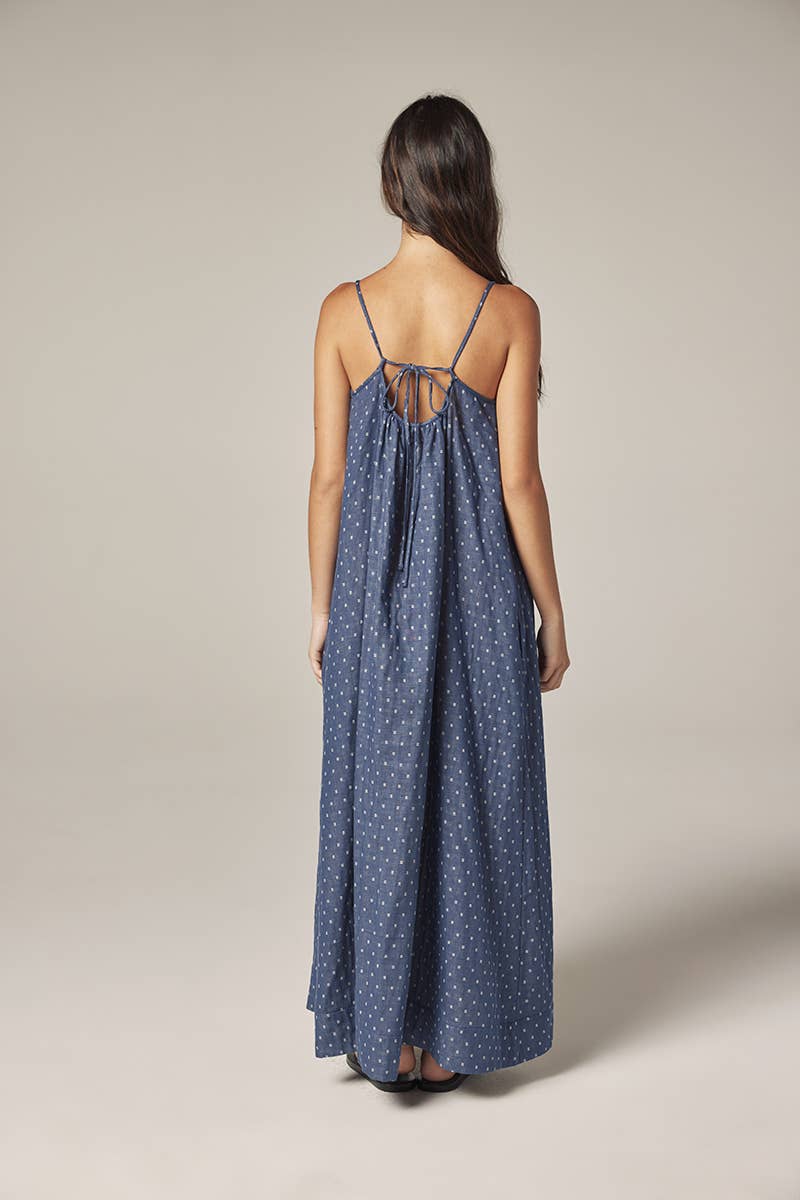 Tie back ankle dress: Denim / Polka Dots
