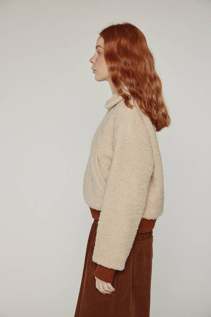 Wool blend ribbed short bomber jacket: Oatmeal / Solid