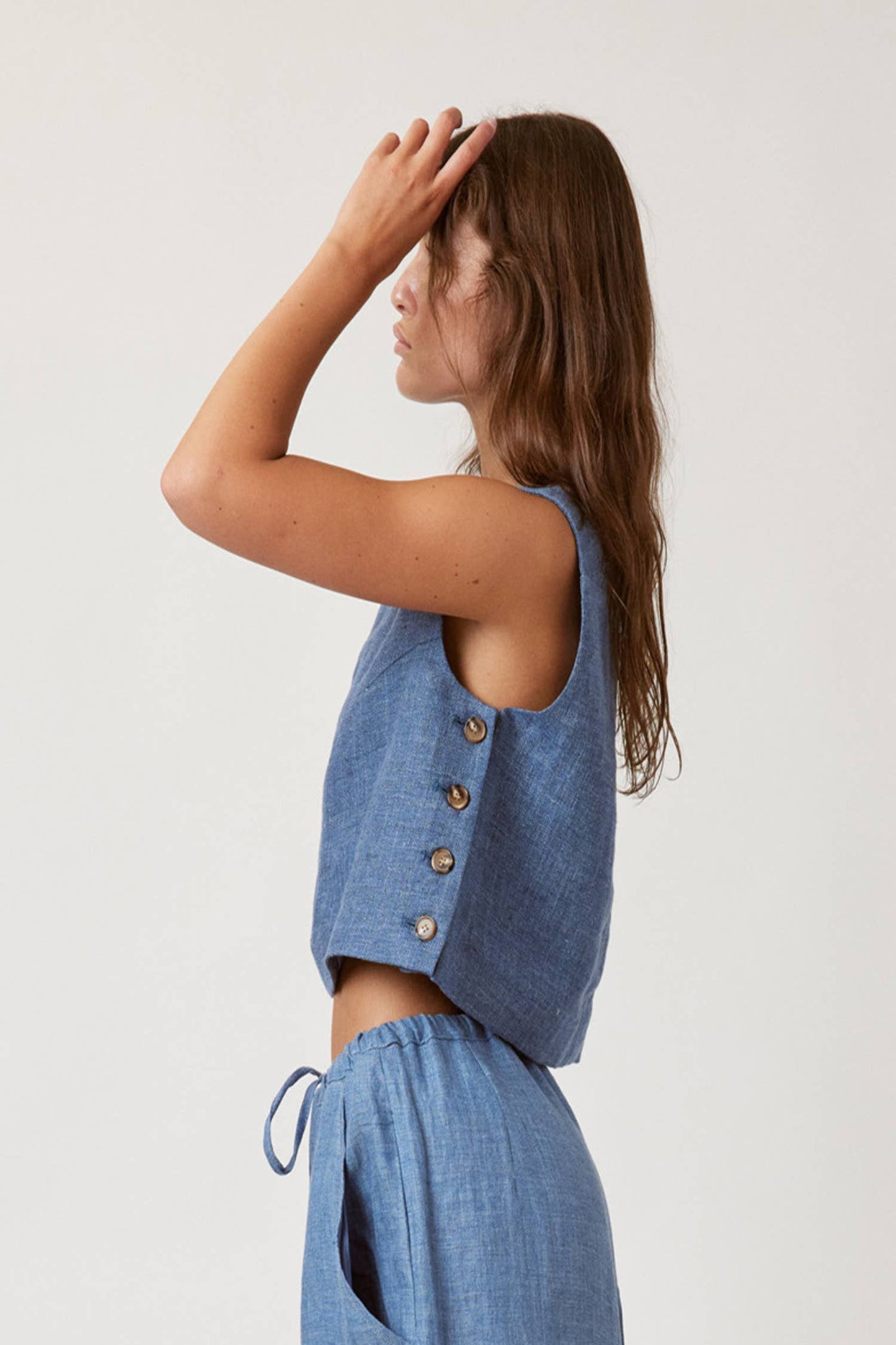 Boxed linen crop top / Denim blue / 100% Linen