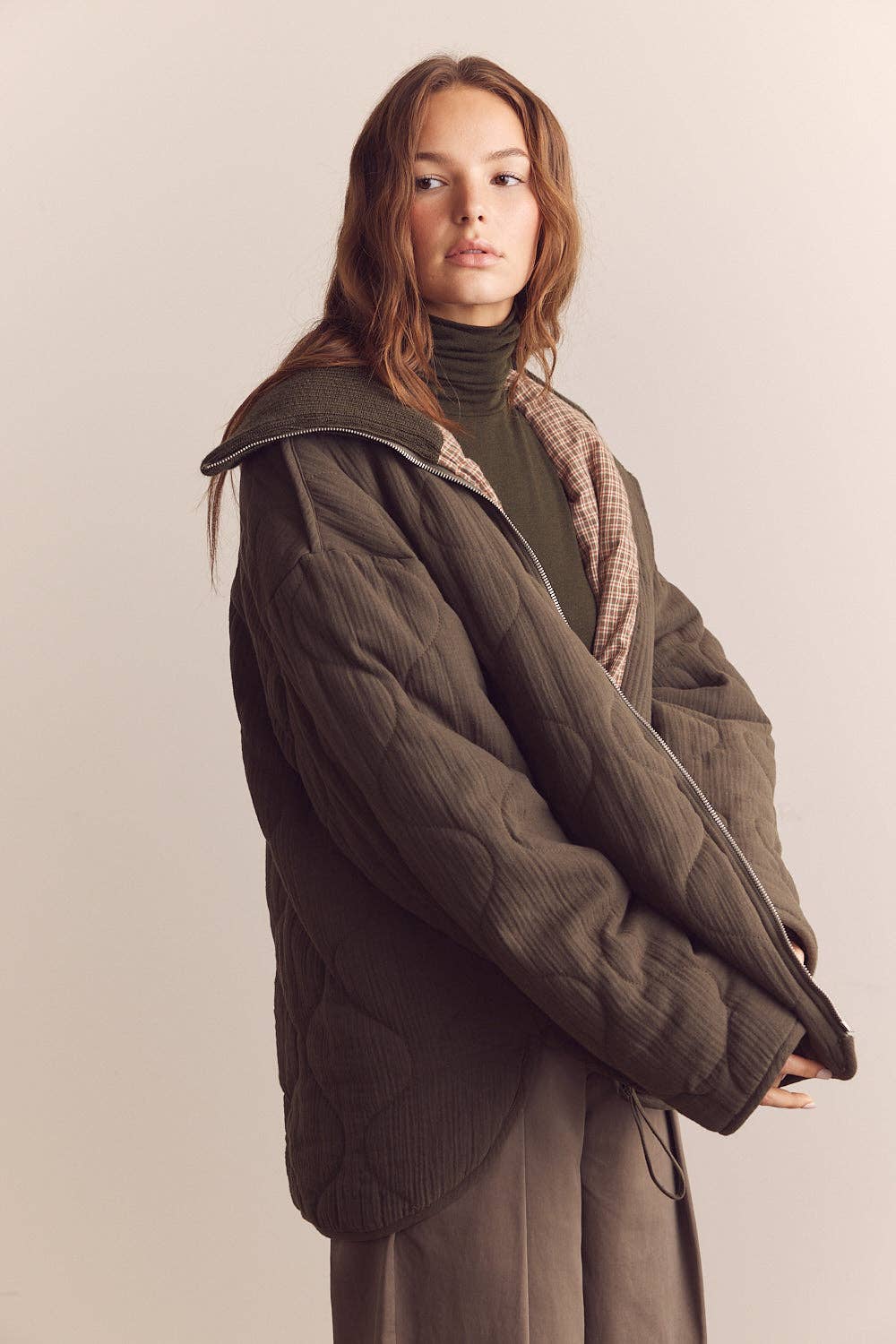 High neck rib collar cotton quilt jacket: Pine / Solid / M/L