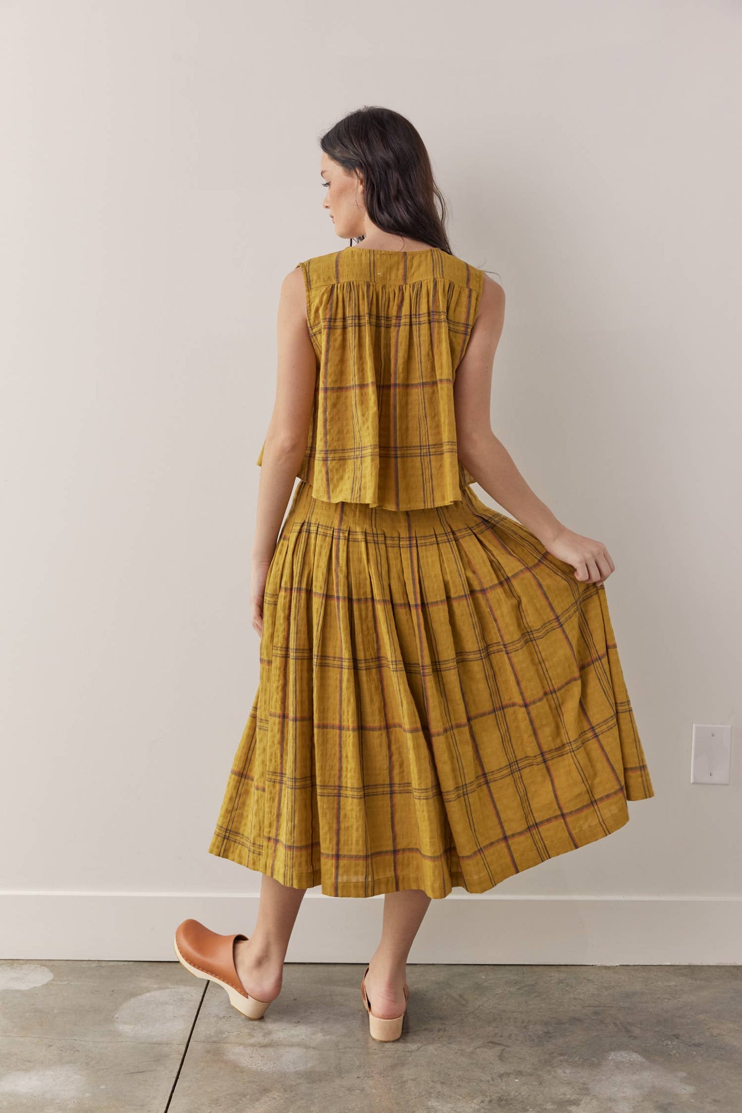 Drawstring cotton plaid skirts: Mustard Plaid / Plaid