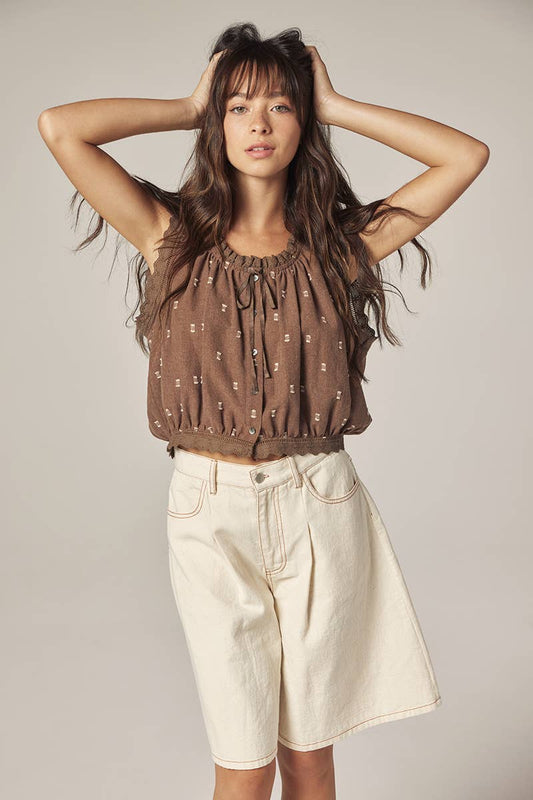 Button down short blouse: Mocha / Polka Dots